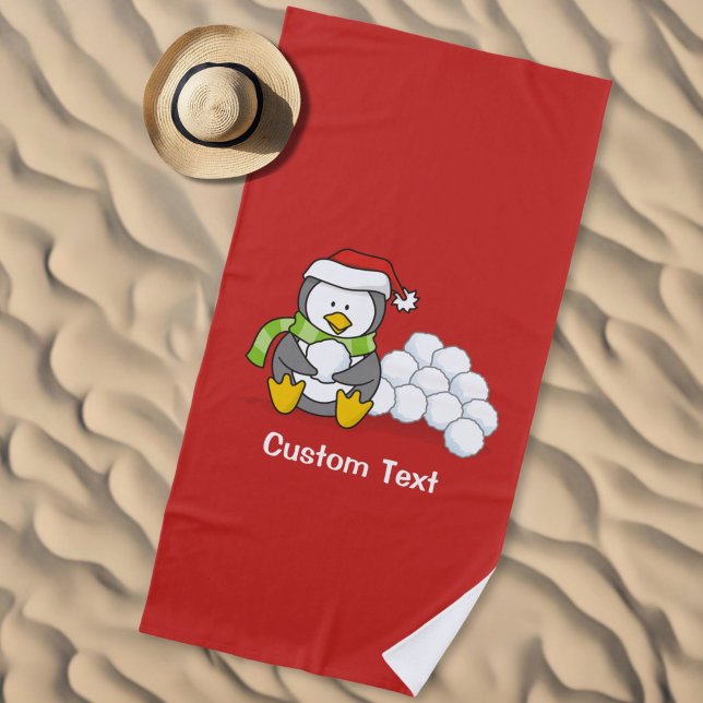 Serviette De Plage Manchot de Noël assis avec des boules de neige (Créateur téléchargé)
