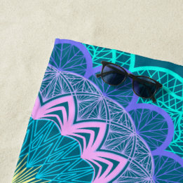 Serviette De Plage Mandala Coloré sur Fond Bleu