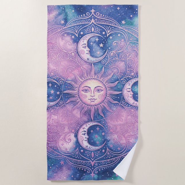 Serviette De Plage Mandala Galaxie Nébuleuse Soleil & Lune Céleste (Devant)