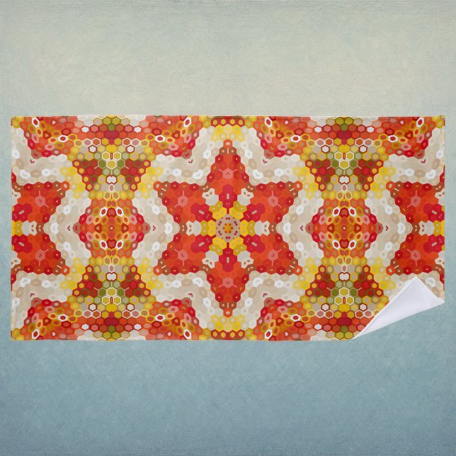 Serviette De Plage Mandala Hexagone Rouge et Jaune (Red and Yellow Hexagon Mandala Beach Towel by Wormhole Orbital)