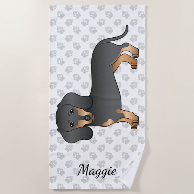 Serviette De Plage Manteau lisse noir et tan Dachshund Chien et nom (Devant)