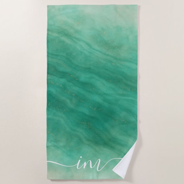 Serviette De Plage Marbre Abstrait vert avec initiales personnalisées (Devant)