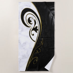 Serviette De Plage Marbre blanc, Noir, Filigree Or Graphique
