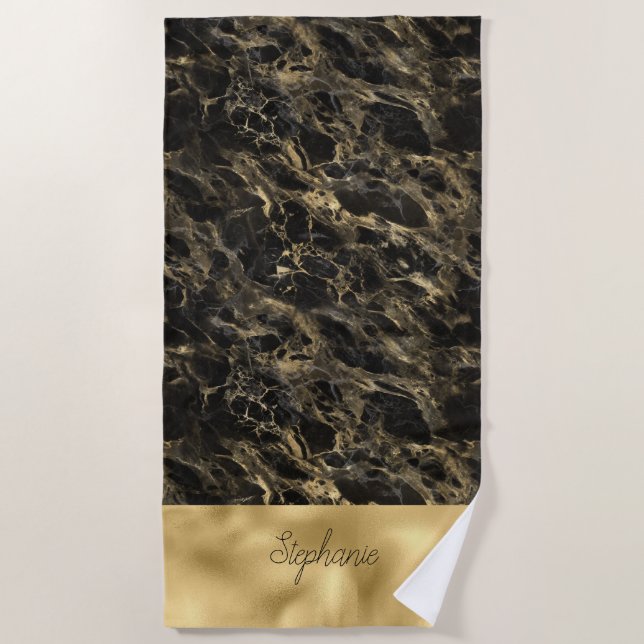 Serviette De Plage Marbre noir et or à monogramme (Devant)