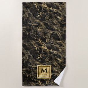 Serviette De Plage Marbre noir et or Monogramme Élégant Luxe