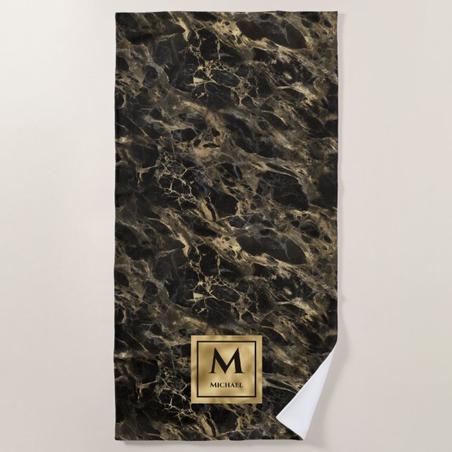 Serviette De Plage Marbre noir et or Monogramme Élégant Luxe (Devant)