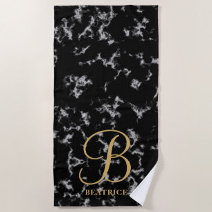 Serviette De Plage Marbre noir moderne typographie or nom monogramme