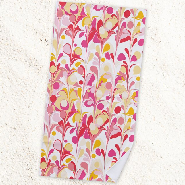 Serviette De Plage Marbre rétro Abstrait Motif rose jaune rouge (Retro abstract marble pattern pink yellow beach towel)