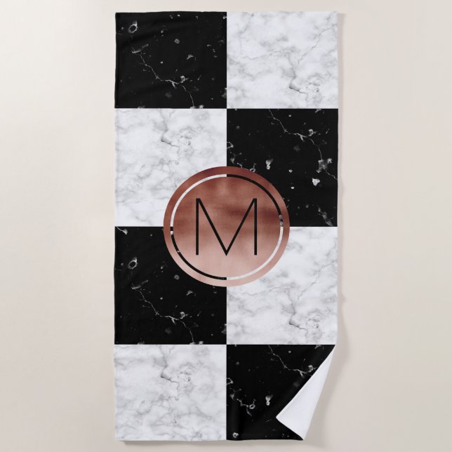 Serviette De Plage Marbre rose de blanc de noir d'or de monogramme (Devant)