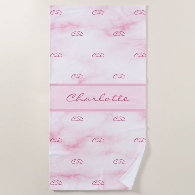 Serviette De Plage Marbre rose vierge monogramme initiales motif nom (Devant)
