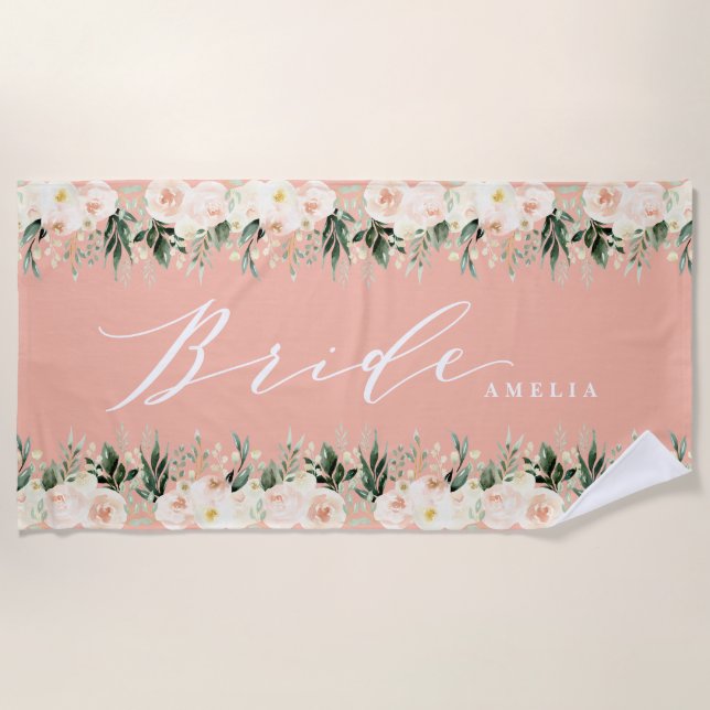 Serviette De Plage mariage de pêche floral brun + feuillage personnal (Devant)