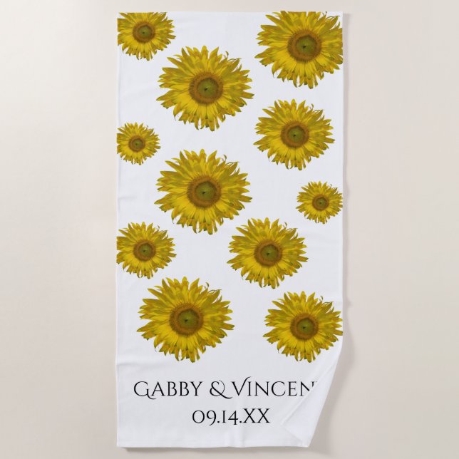 Serviette De Plage Mariage de tournesols rayés jaunes (Devant)