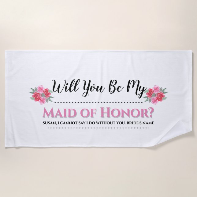 Serviette De Plage Mariage floral de rose d'aquarelle de l'honneur | (Devant)