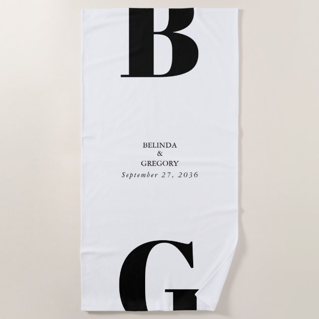 Serviette De Plage Mariage minimaliste moderne noir et blanc (Devant)