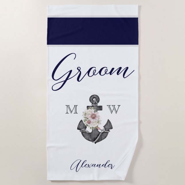 Serviette De Plage Mariage Naautique Fleurs Ancre Navy Blanc  Marié (Devant)