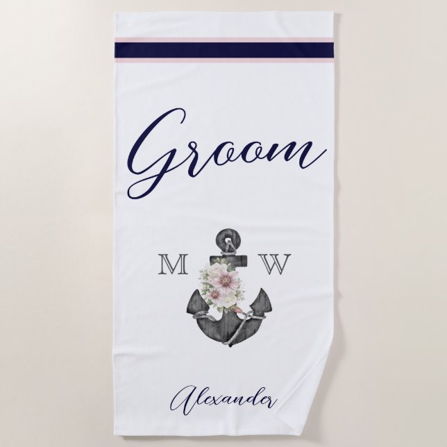 Serviette De Plage Mariage Naudique Fleurs Ancre Rose Navy Mariées (Devant)