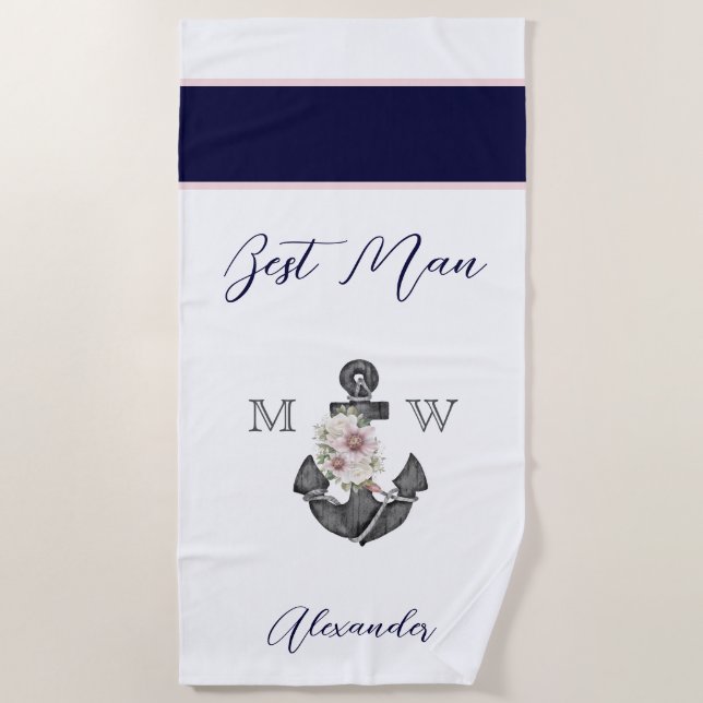 Serviette De Plage Mariage Naustique Fleur Anchor Rose Navy Meilleur  (Devant)