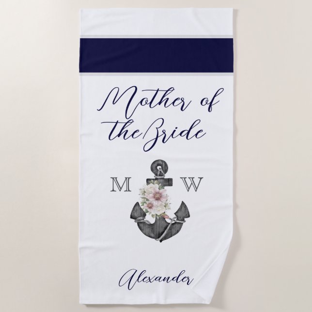 Serviette De Plage Mariage Naution Floral Anchor Navy Mère de  (Devant)