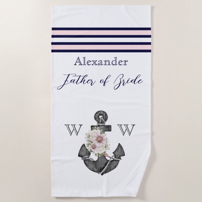 Serviette De Plage Mariage nautique Ancre florale  rose marine (Devant)
