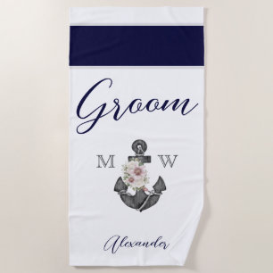 Serviette De Plage Mariage Nautique Fleurs Ancre Navy Blanc Marié