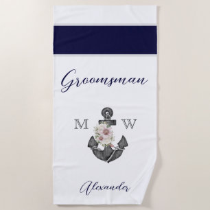 Serviette De Plage Mariage nautique floral ancre gris marine garçon d