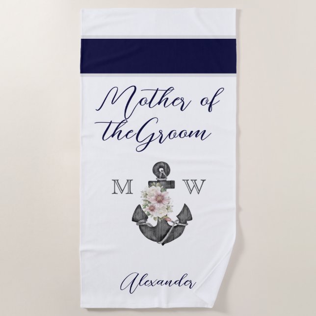 Serviette De Plage Mariage nautique Floral Ancre Marine Mère de (Devant)