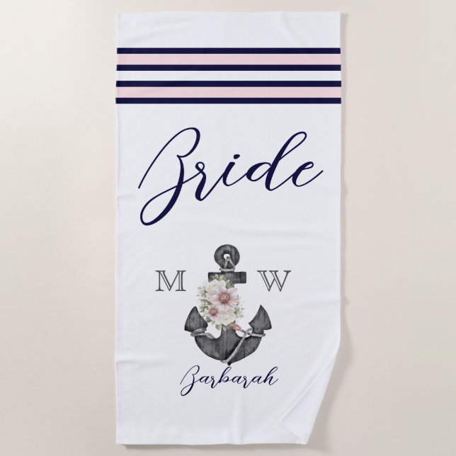 Serviette De Plage Mariage nautique Floral Ancre Rose Marine Brides (Devant)