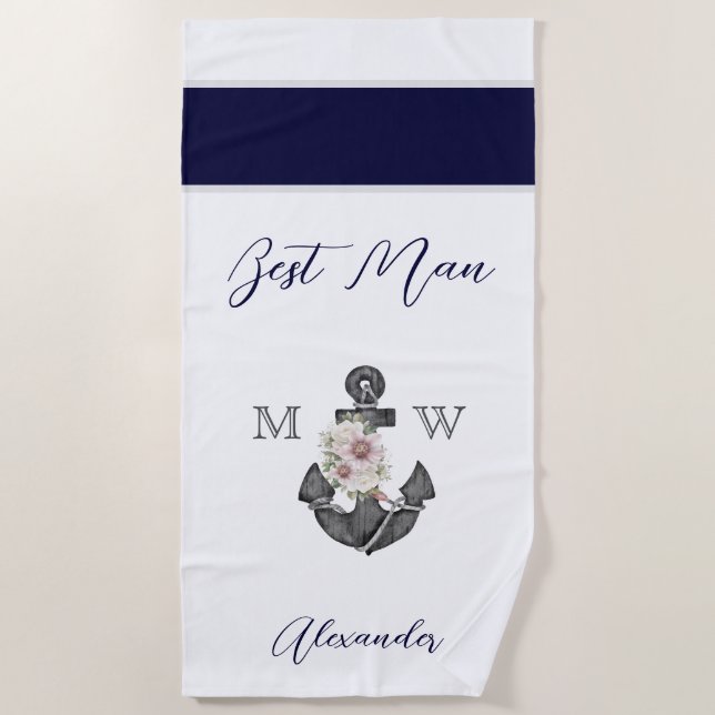 Serviette De Plage Mariage nautique floral ancre rose marinier (Devant)