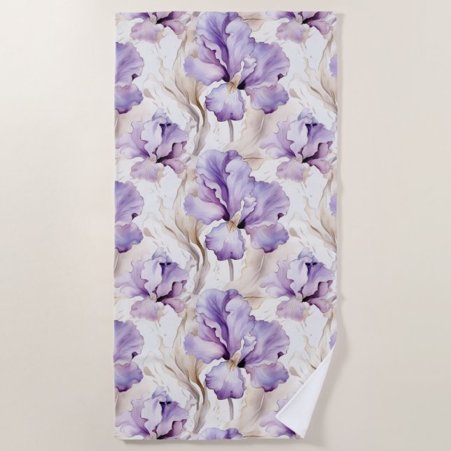Serviette De Plage Mariage Romantique aux Iris Violets Fleuris (Devant)