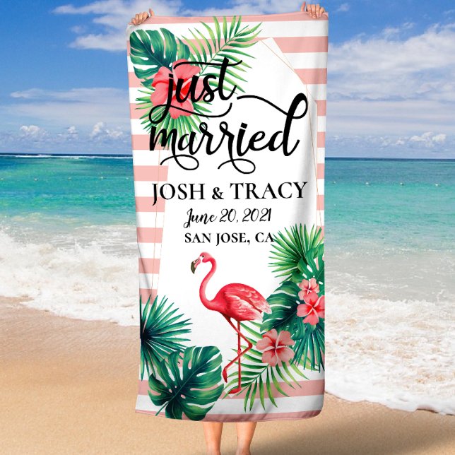 Serviette De Plage Marié, M. & Mme, Lune de miel, Nom personnalisé (Just Married, Mr & Mrs, Honeymoon, Custom Name Beach Towel)