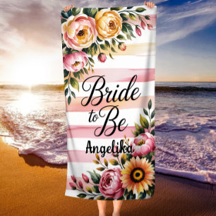 Serviette De Plage Mariée à être rose rayures et bachelorette florale