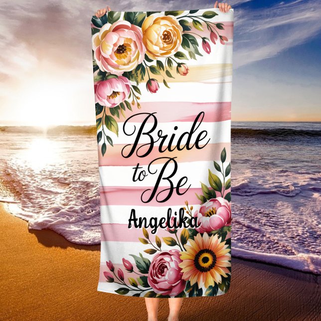 Serviette De Plage Mariée à être rose rayures et bachelorette florale (Créateur téléchargé)