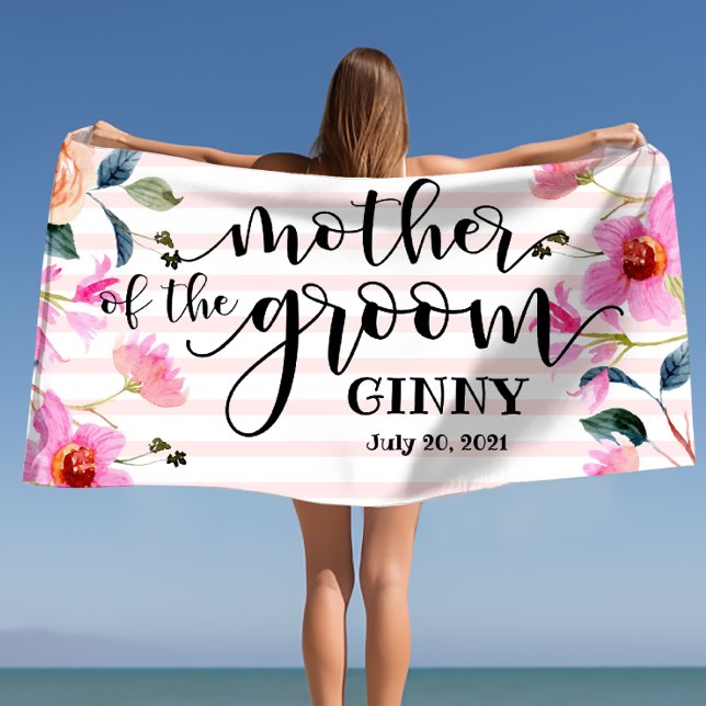 Serviette De Plage Mariée Fleurie du Marié Personnalisée (Floral Mother of the Groom Personalized Wedding Beach Towel)