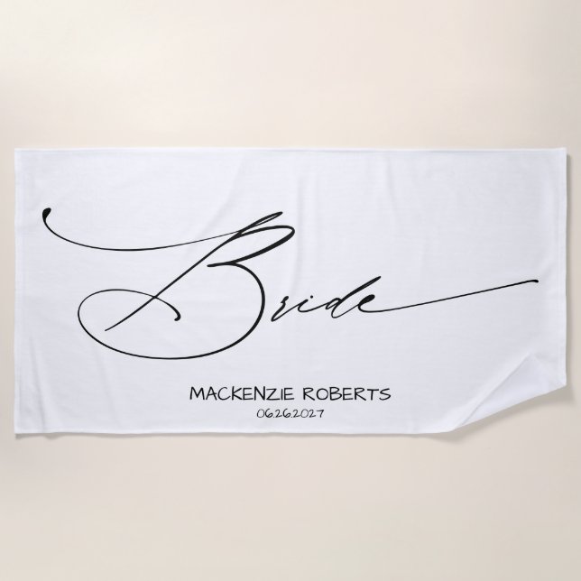 Serviette De Plage Mariée | Script moderne noir personnalisé (Devant)