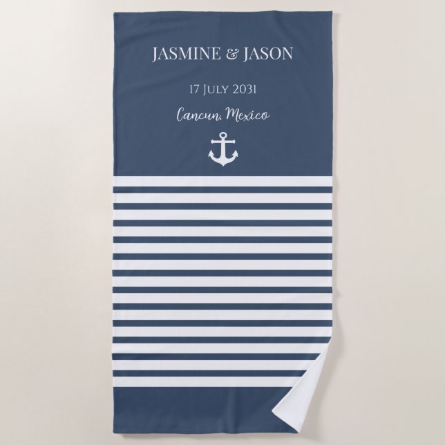 Serviette De Plage Marine Blanc Personnalisé Destination Mariage Fave (Devant)