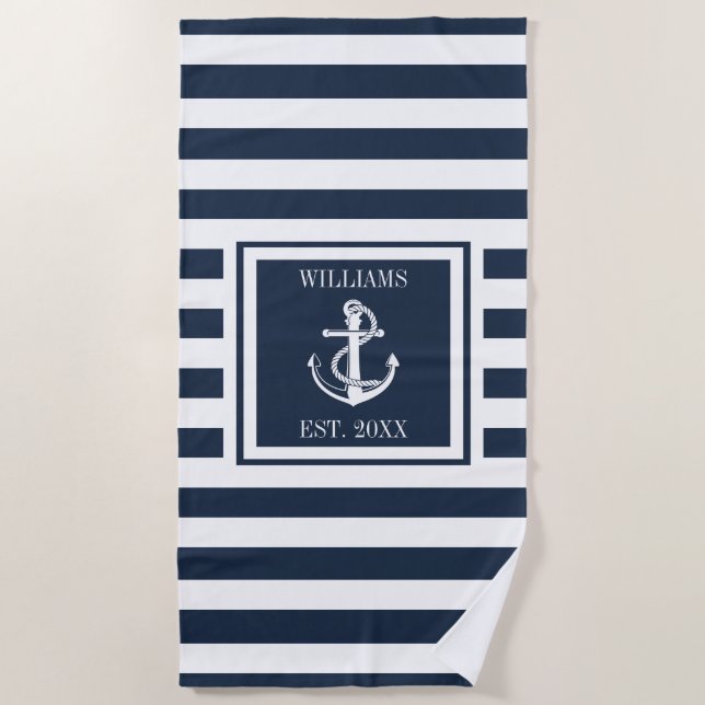 Serviette De Plage Marine Bleu Bande Ancre nautique Nom de la famille (Devant)