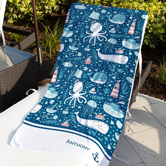 Serviette De Plage Marine Bleu et blanc Motif nautique (Créateur téléchargé)