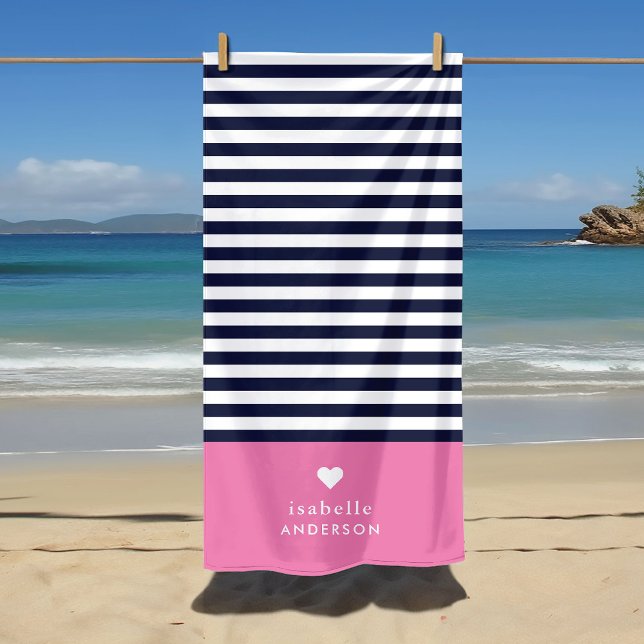 Serviette De Plage Marine Bleu et rose Chic rayures Coeur Monogramme (Créateur téléchargé)