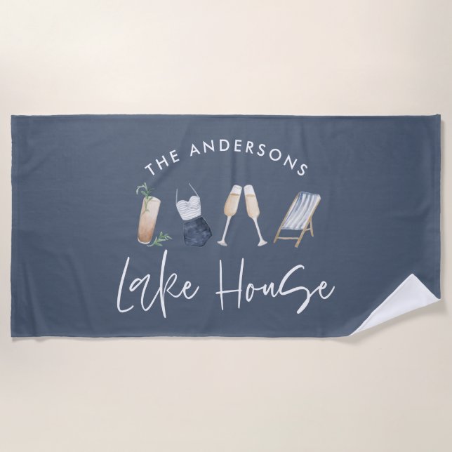 Serviette De Plage Marine bleu moderne champagne script lac maison pl (Devant)