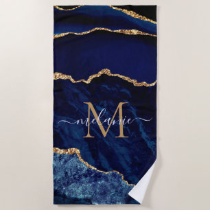 Serviette De Plage Marine Blue Gold Marbre Votre nom Lettre Plage Ser