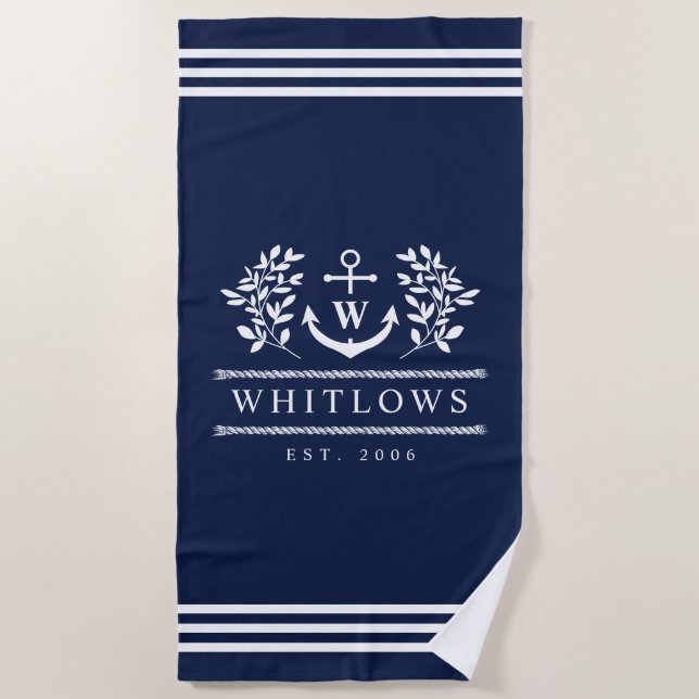 Serviette De Plage Marine Blue Greenery Nautique Monogram Lake House (Devant)