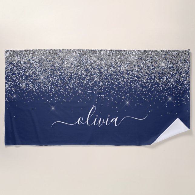 Serviette De Plage Marine Blue Silver Parties scintillant Girl Monogr (Devant)