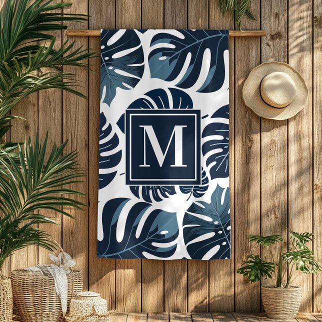 Serviette De Plage Marine Blue & White Monstera Monogram Beach Servie (Créateur téléchargé)