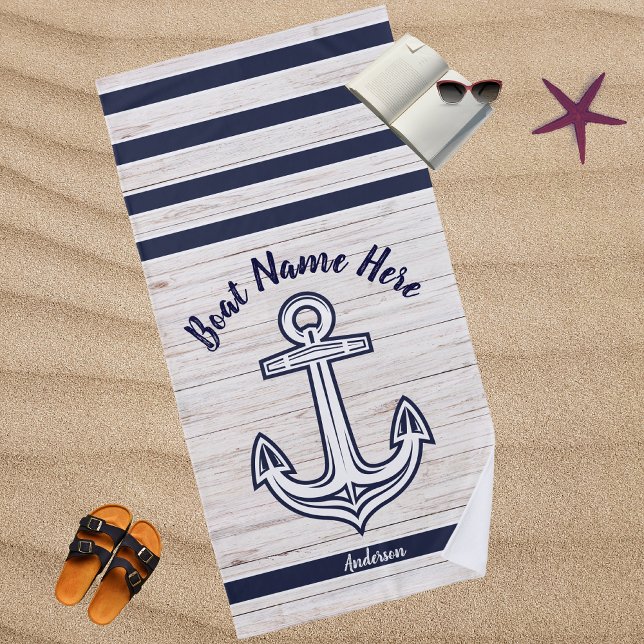 Serviette De Plage Marine Blue Wood Ancre nautique Ajouter Nom du bat (Créateur téléchargé)