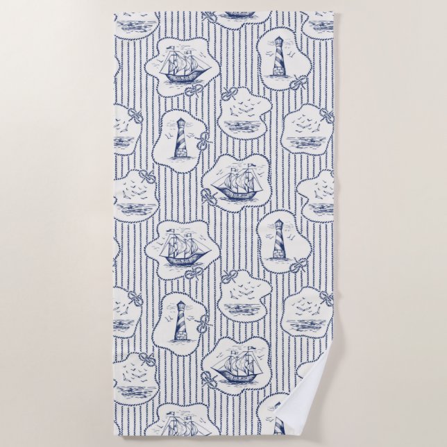 Serviette De Plage Marine Elements Blue White Lighthouse Ship (Devant)