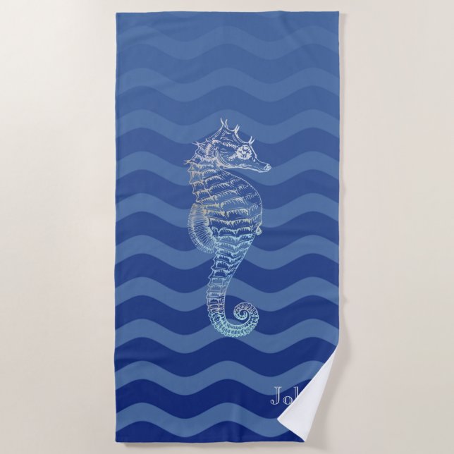 Serviette De Plage Marine Nautique Bleu Stripe Vagues Seahorse (Devant)