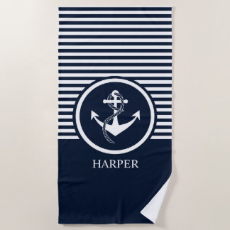 SERVIETTE DE PLAGE MARINE NAUTIQUE ET BLANC DE MONOGRAMME MODERNE