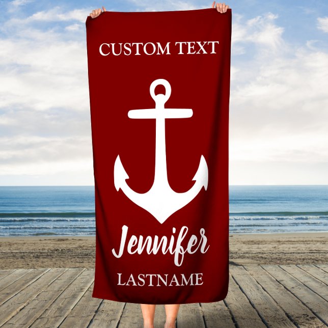 Serviette De Plage Maroon et Ancre blanche Personnalisé (Créateur téléchargé)