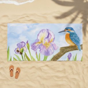 Serviette De Plage Martin-pêcheur à l'aquarelle avec iris violets