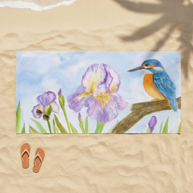 Serviette De Plage Martin-pêcheur à l'aquarelle avec iris violets (Créateur téléchargé)